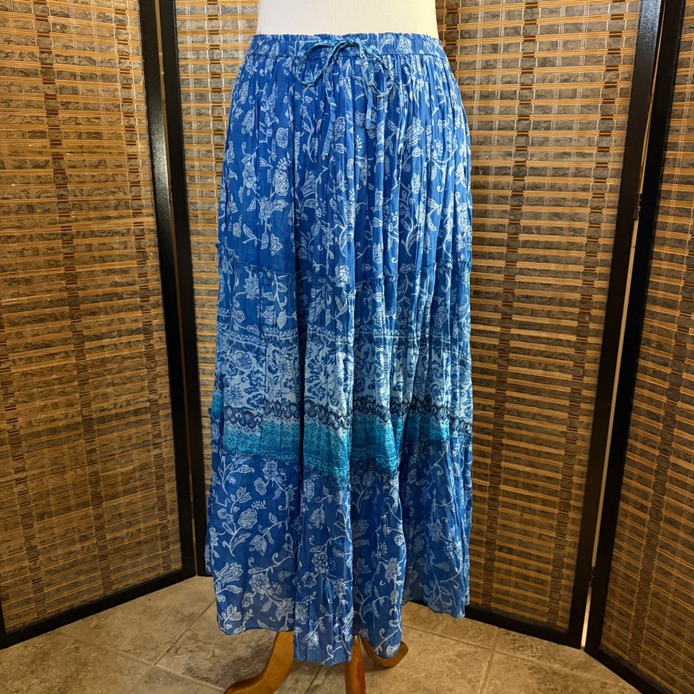 Great Northwest Maxi Skirt Women L Blue Floral Cotton Tiered Boho Peasant Flowy